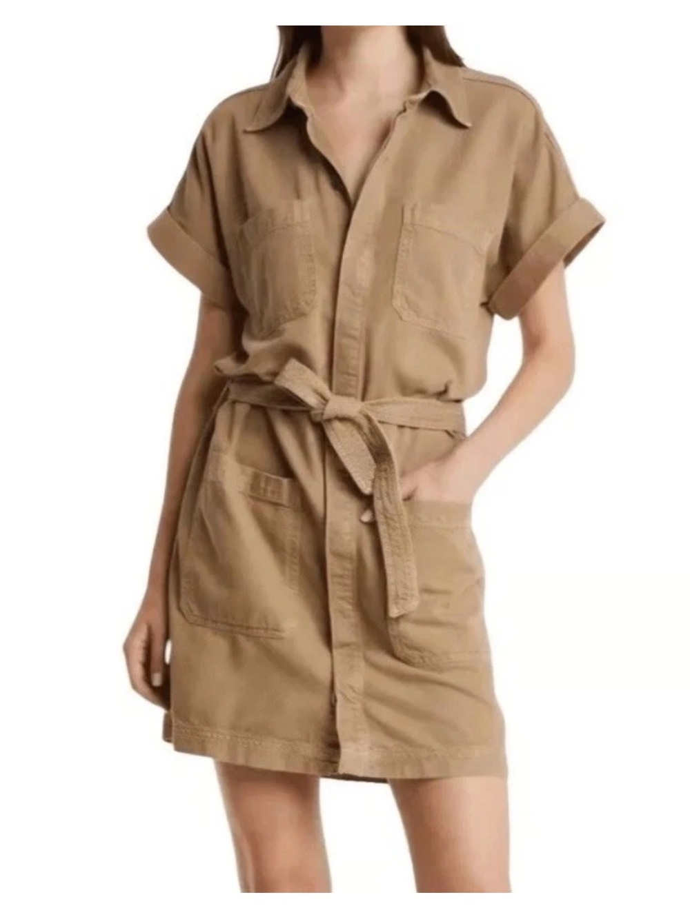 Etica Anthropologie austyn denim dress safari khaki belted small